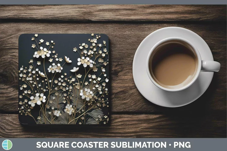 3D Black and Gold Babys Breath Gypsophila Square Coaster Sub