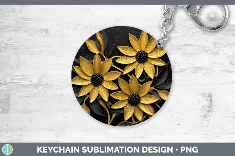 3D Black and Gold Black-eyed Susan Keychain Sublimation Keyr