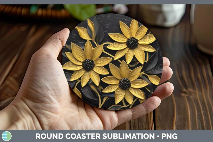 3D Black and Gold Black-eyed Susan Round Coaster Sublimation