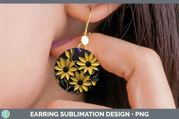 3D Black and Gold Black-eyed Susan Round Earrings Sublimatio