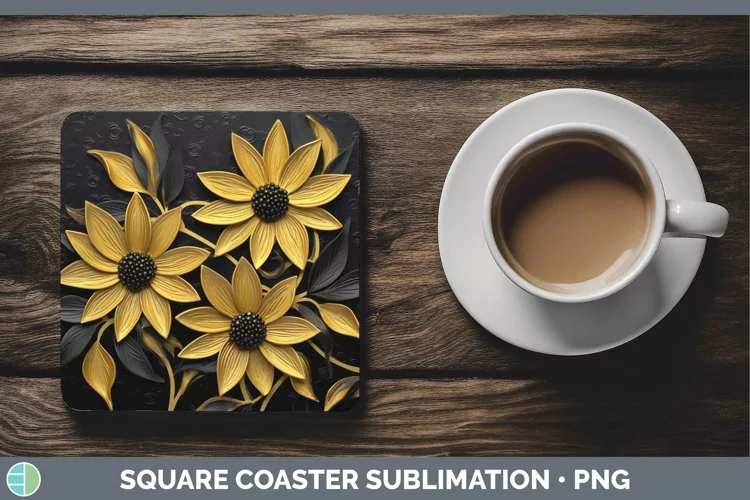 3D Black and Gold Black-eyed Susan Square Coaster Sublimatio