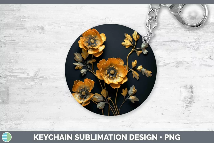 3D Black and Gold Buttercup Keychain Sublimation Keyring Des