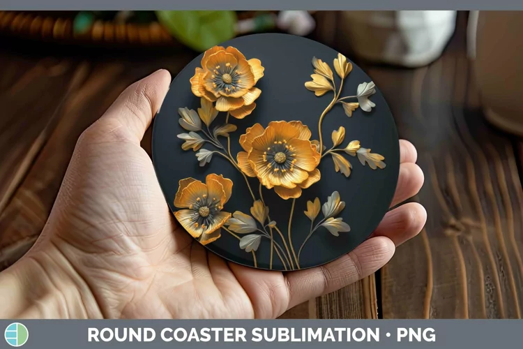 3D Black and Gold Buttercup Round Coaster Sublimation Coaste