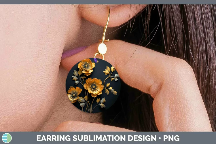 3D Black and Gold Buttercup Round Earrings Sublimation Earri