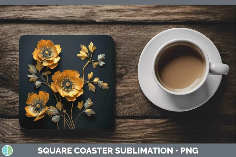 3D Black and Gold Buttercup Square Coaster | Sublimation Coa