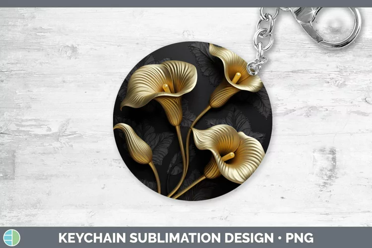 3D Black and Gold Calla Lily Keychain Sublimation Keyring De
