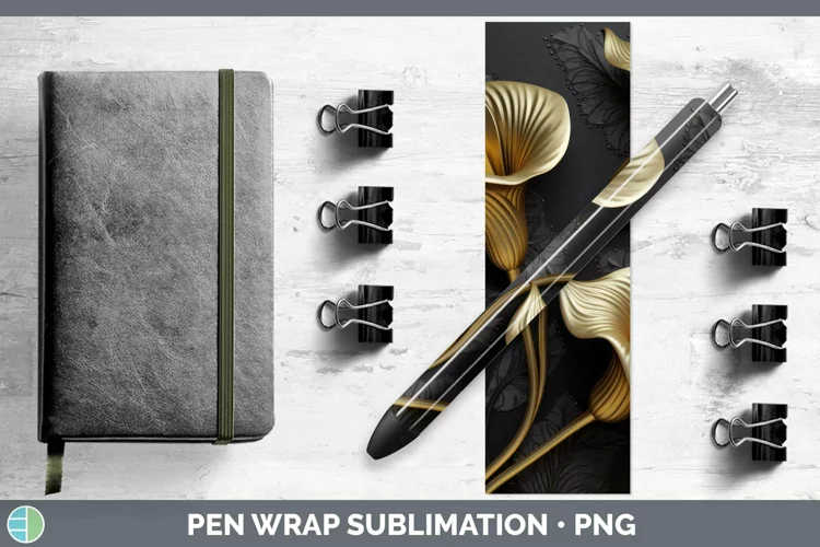3D Black and Gold Calla Lily Pen Wrap Sublimation Epoxy Pen
