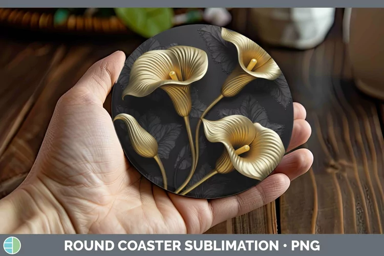 3D Black and Gold Calla Lily Round Coaster Sublimation Coast