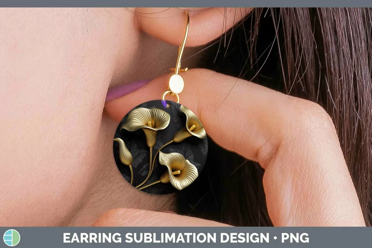 3D Black and Gold Calla Lily Round Earrings Sublimation Earr