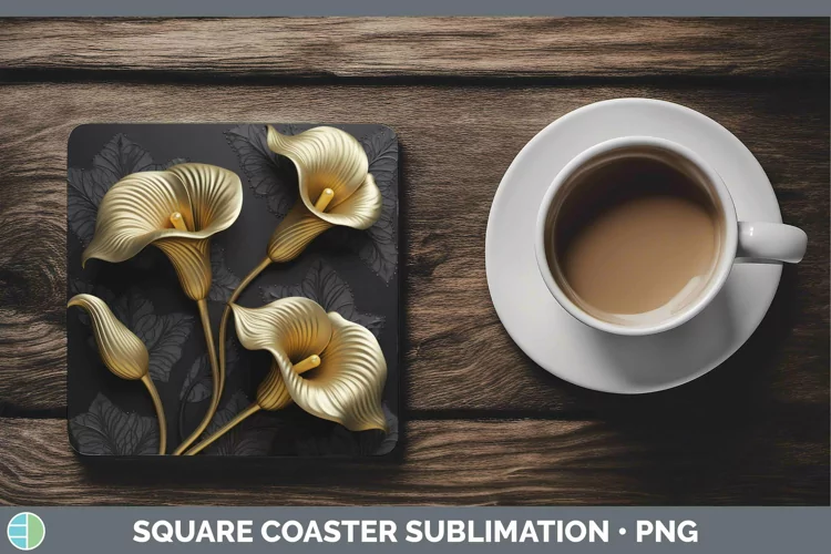 3D Black and Gold Calla Lily Square Coaster Sublimation Coas
