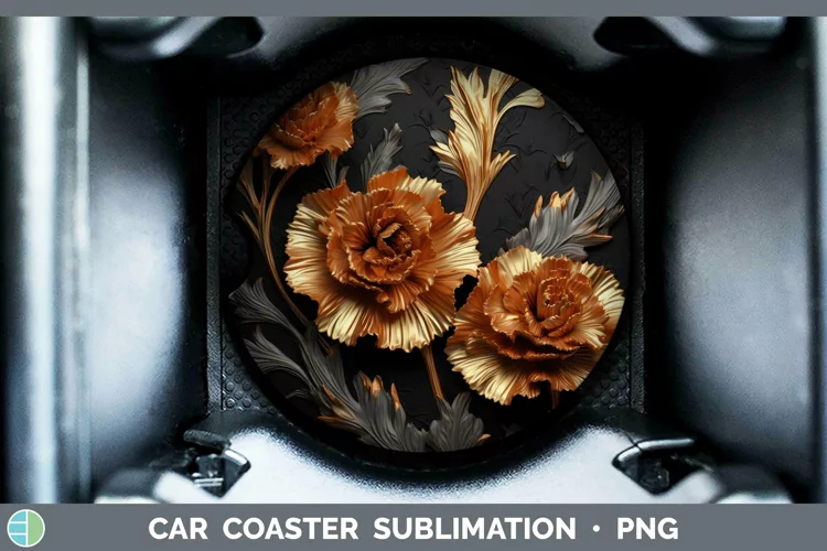 3D Black and Gold Carnation Car Coaster Sublimation Coaster