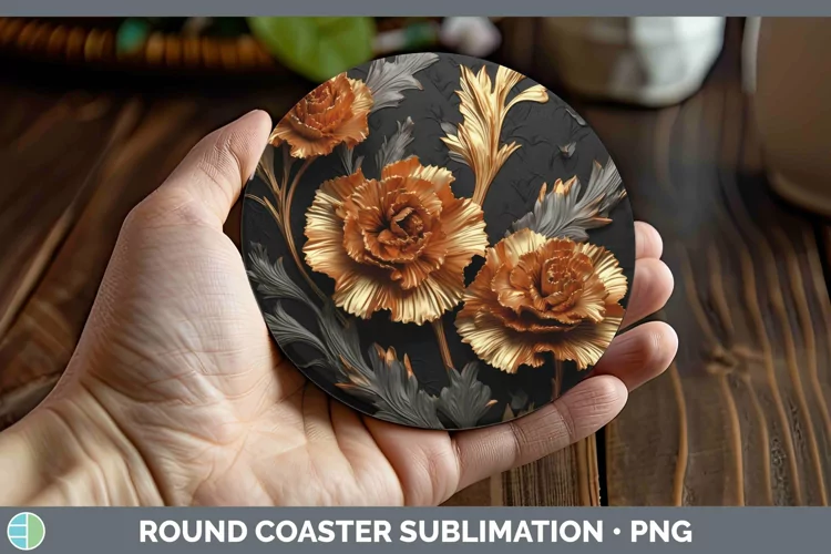 3D Black and Gold Carnation Round Coaster Sublimation Coaste