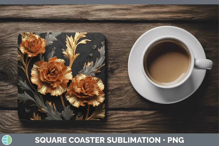 3D Black and Gold Carnation Square Coaster | Sublimation Coa