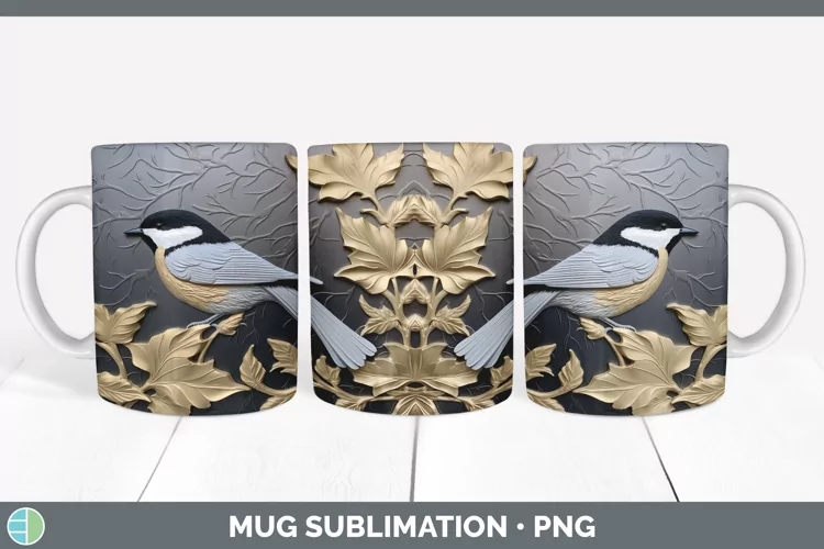 3D Black and Gold Chickadee Mug Wrap Sublimation Coffee Cup