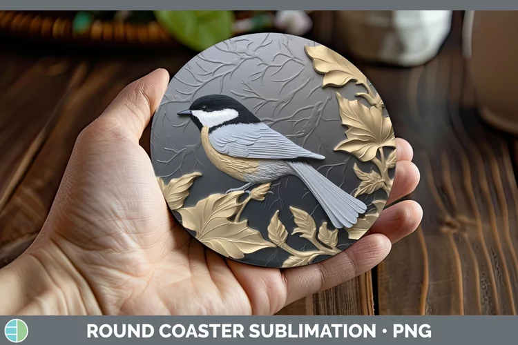 3D Black and Gold Chickadee Round Coaster Sublimation Coaste