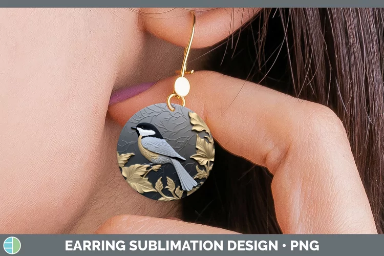 3D Black and Gold Chickadee Round Earrings Sublimation Earri