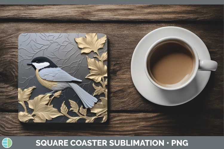 3D Black and Gold Chickadee Square Coaster Sublimation Coast