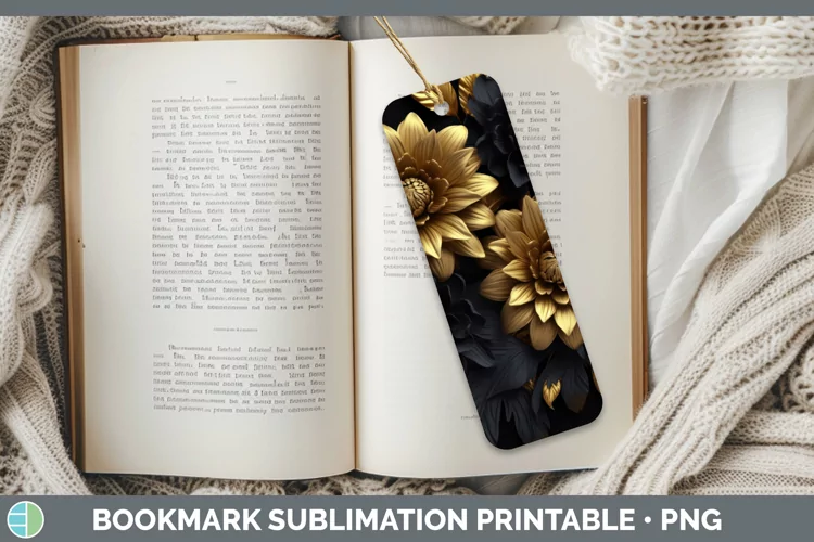 3D Black and Gold Chrysanthemum Bookmark Sublimation Printab
