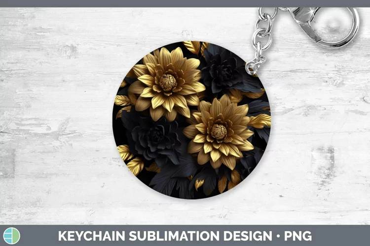 3D Black and Gold Chrysanthemum Keychain Sublimation Keyring