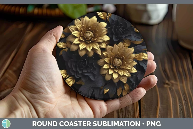 3D Black and Gold Chrysanthemum Round Coaster Sublimation Co