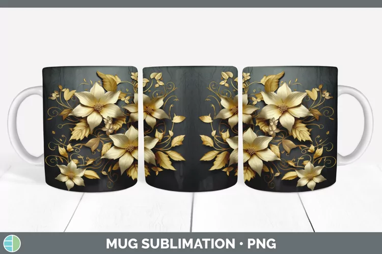 3D Black and Gold Clematis Flowers Mug Wrap | Sublimation Co