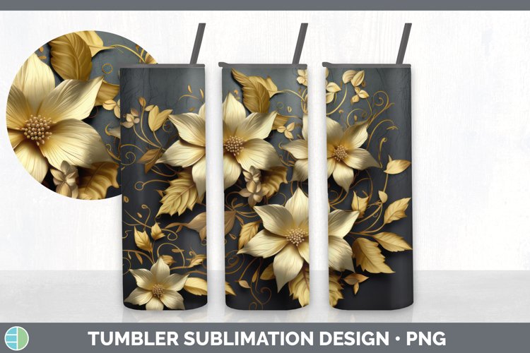 3D Black and Gold Clematis Flowers Tumbler | Sublimation 20