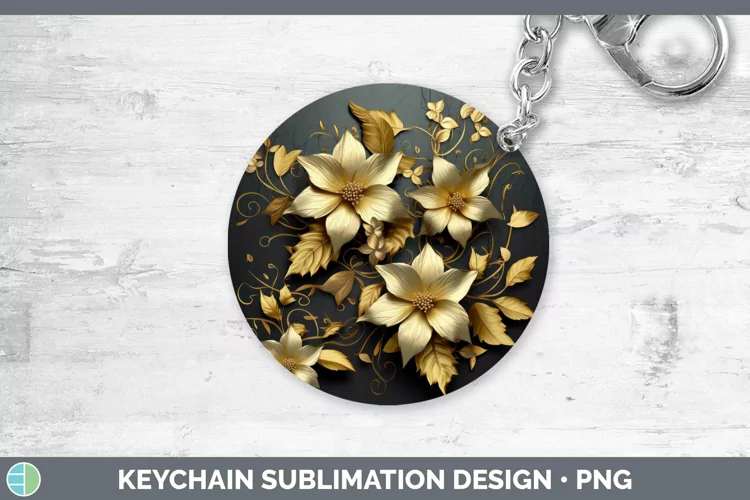 3D Black and Gold Clematis Keychain Sublimation Keyring Desi