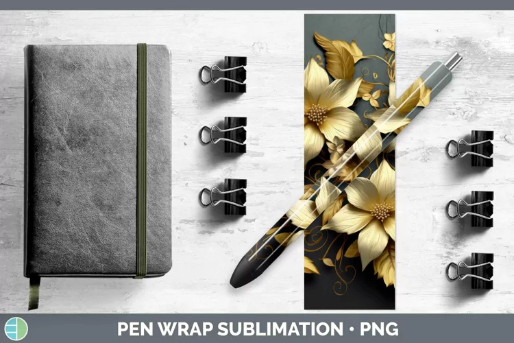 3D Black and Gold Clematis Pen Wrap Sublimation Epoxy Pen De