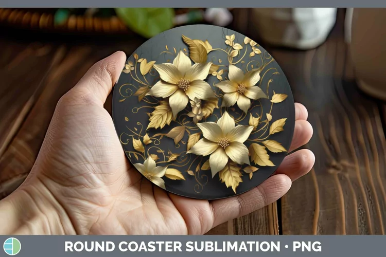 3D Black and Gold Clematis Round Coaster Sublimation Coaster