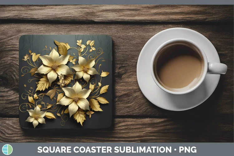3D Black and Gold Clematis Square Coaster Sublimation Coaste