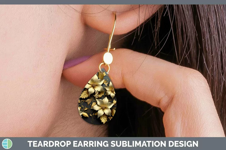 3D Black and Gold Clematis Teardrop Earrings Sublimation Ear
