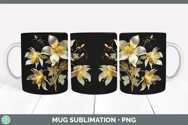 3D Black and Gold Columbine Flowers Mug Wrap | Sublimation C