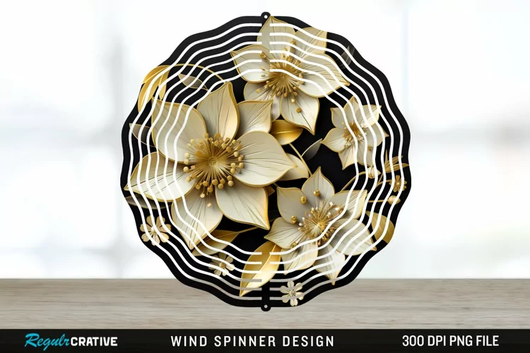 3D Black and Gold Columbine Flowers Wind Spinner Sublimation