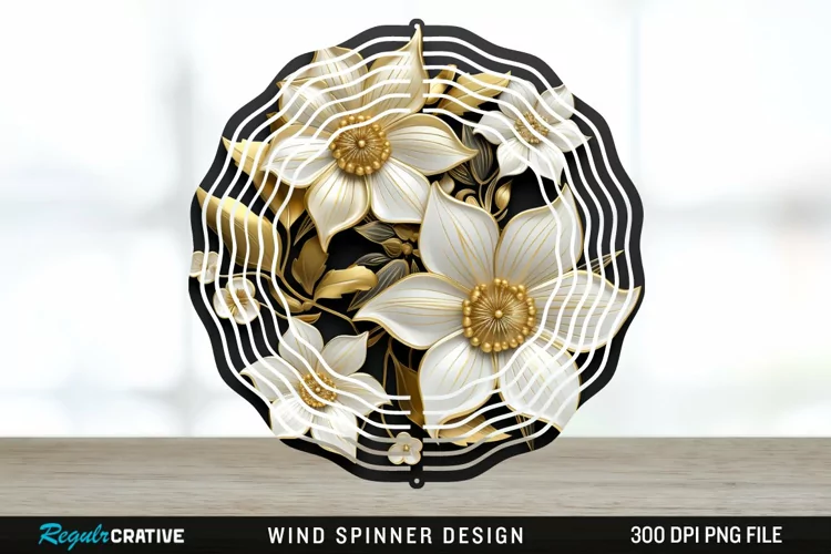 3D Black and Gold Columbine Flowers Wind Spinner Sublimation
