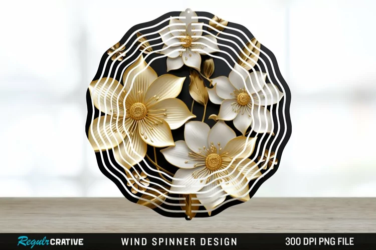 3D Black and Gold Columbine Flowers Wind Spinner Sublimation