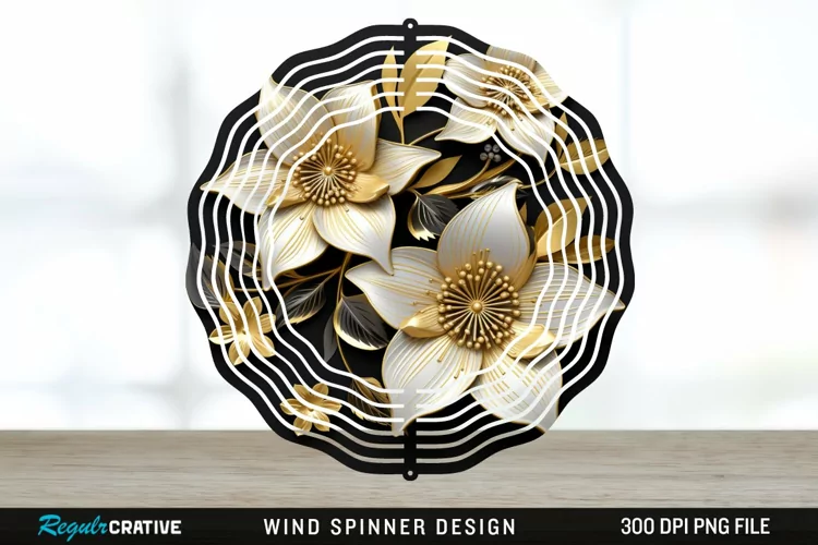 3D Black and Gold Columbine Flowers Wind Spinner Sublimation