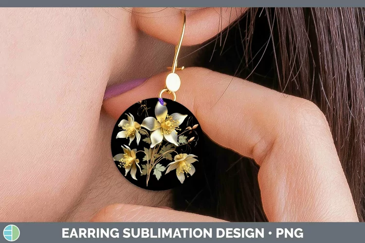 3D Black and Gold Columbine Round Earrings Sublimation Earri