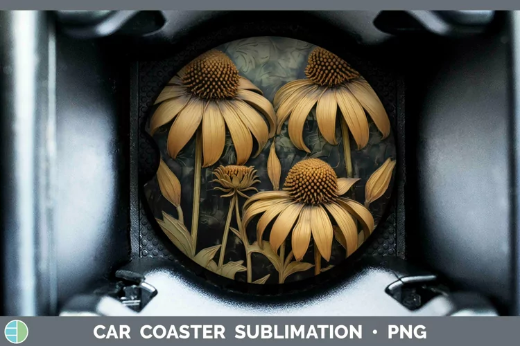 3D Black and Gold Coneflower Car Coaster Sublimation Coaster