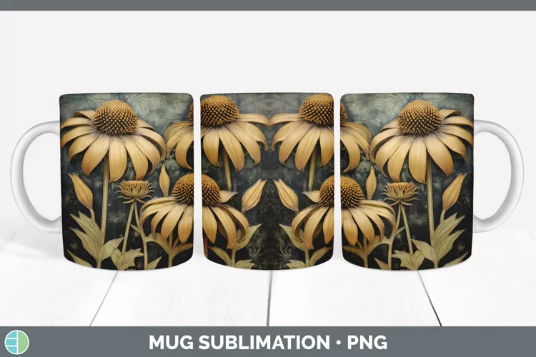 3D Black and Gold Coneflower Flowers Mug Wrap | Sublimation