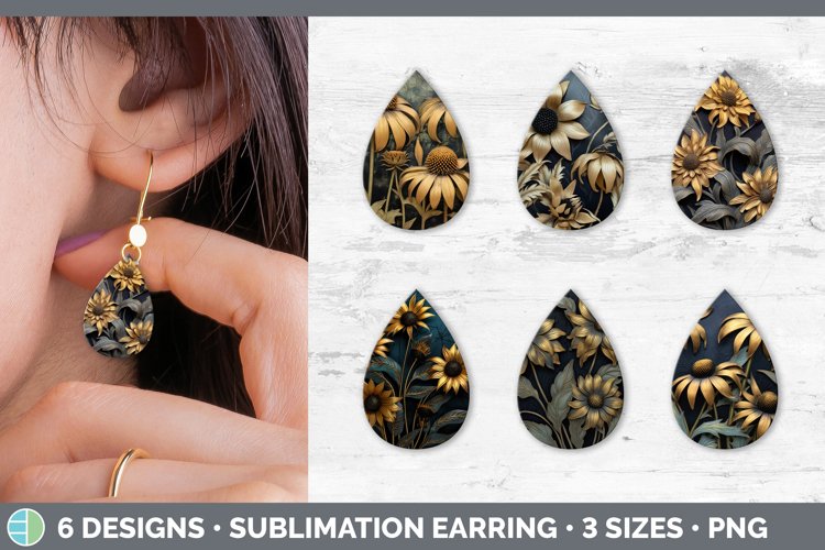 3D Black and Gold Coneflower Flowers Teardrop Earrings | Sub