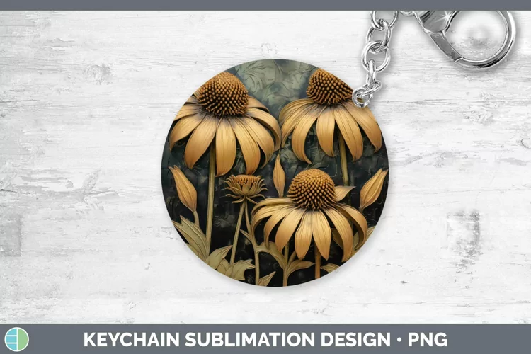 3D Black and Gold Coneflower Keychain Sublimation Keyring De