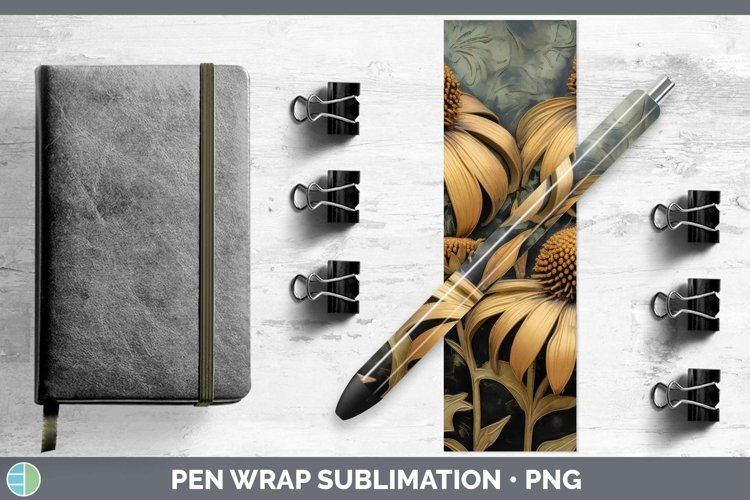 3D Black and Gold Coneflower Pen Wrap Sublimation Epoxy Pen