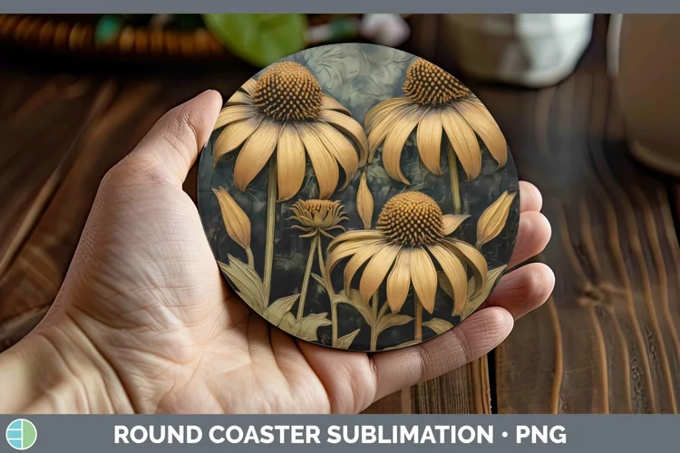 3D Black and Gold Coneflower Round Coaster Sublimation Coast