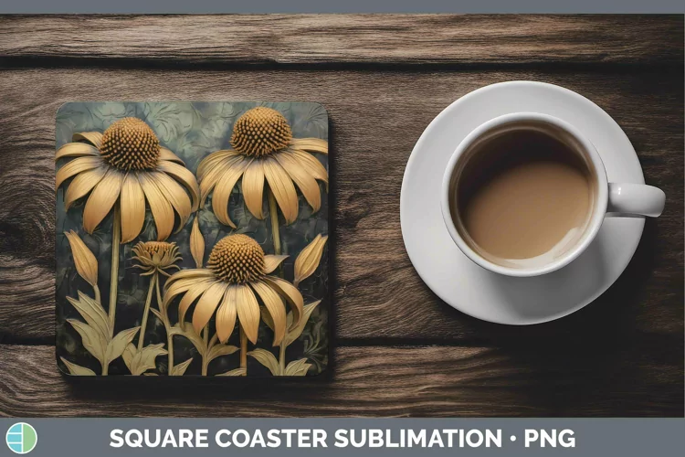 3D Black and Gold Coneflower Square Coaster Sublimation Coas