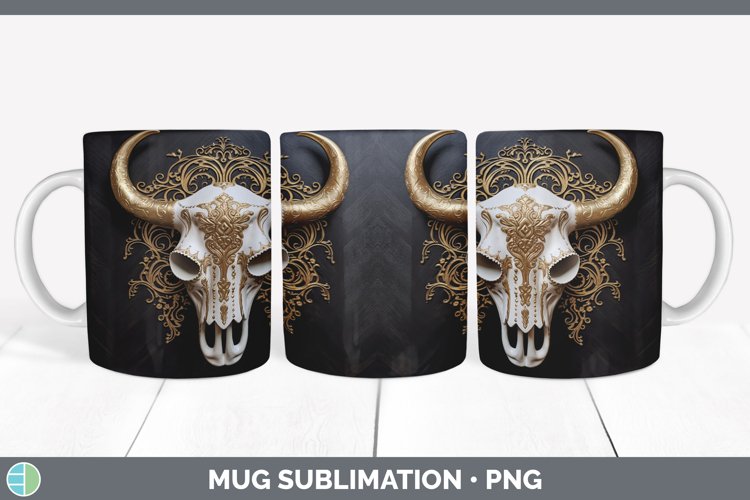 3D Black and Gold Cow Skull Mug Wrap Sublimation Coffee Cup