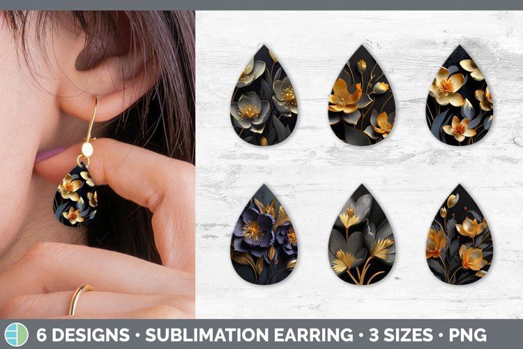 3D Black and Gold Crocus Flowers Teardrop Earrings | Sublima