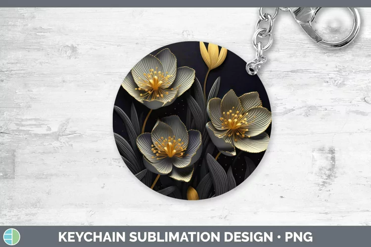 3D Black and Gold Crocus Keychain Sublimation Keyring Design
