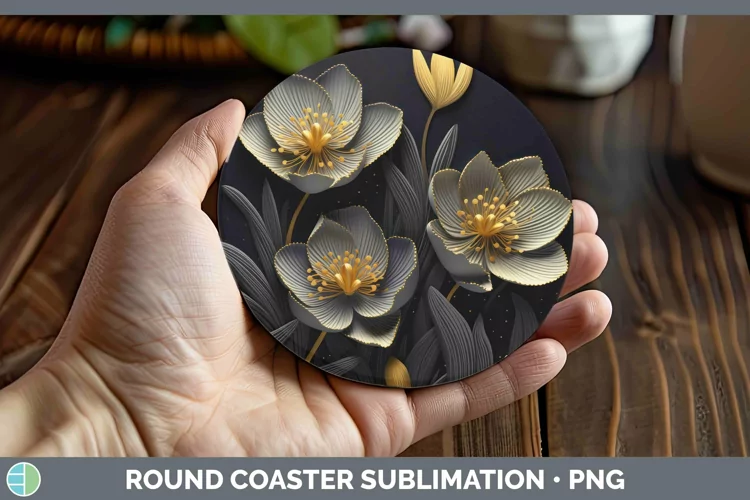 3D Black and Gold Crocus Round Coaster Sublimation Coaster D
