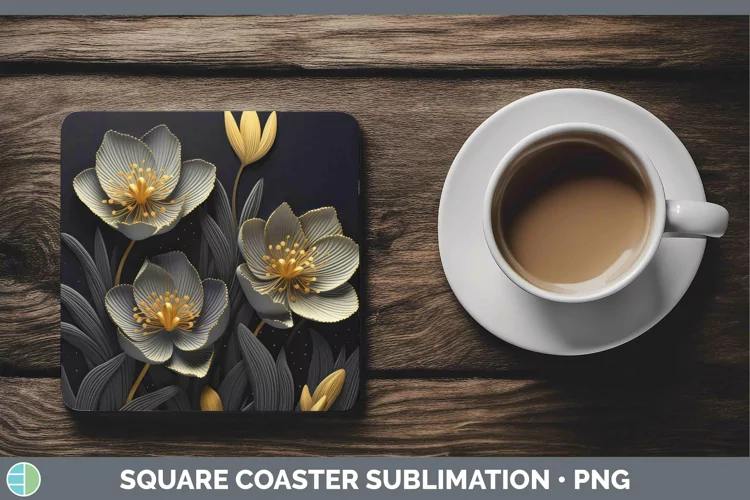 3D Black and Gold Crocus Square Coaster Sublimation Coaster