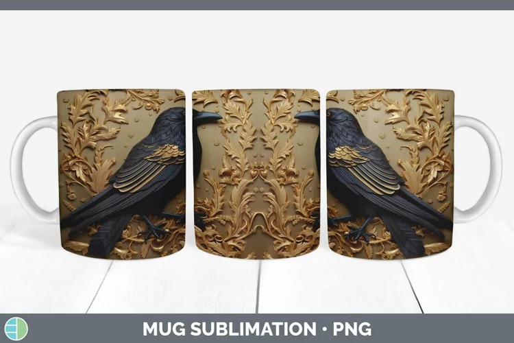 3D Black and Gold Crow Mug Wrap Sublimation Coffee Cup Desig
